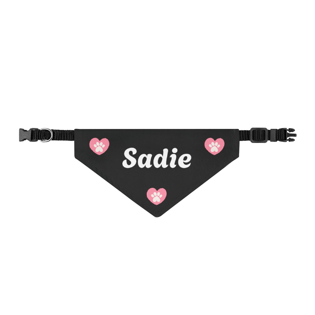 Personalized Clip-On Pet Bandana — Black with Pink Paw Hearts (Name placeholder: Sadie)