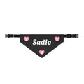 Personalized Clip-On Pet Bandana — Black with Pink Paw Hearts (Name placeholder: Sadie)