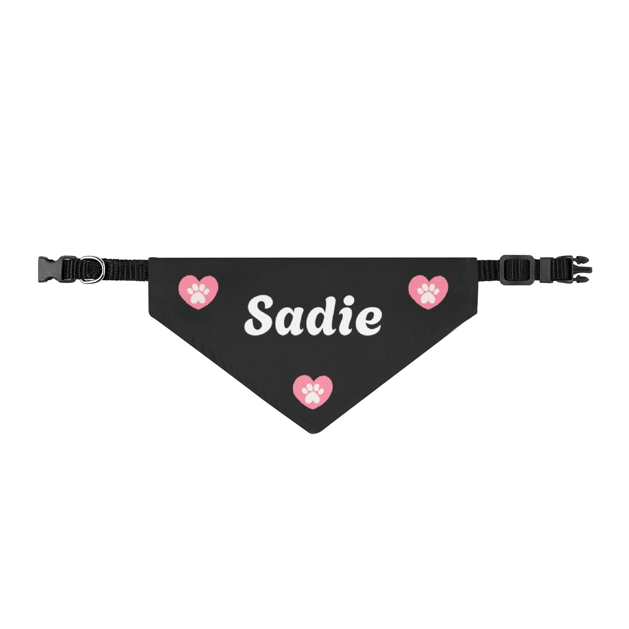Personalized Clip-On Pet Bandana — Black with Pink Paw Hearts (Name placeholder: Sadie)