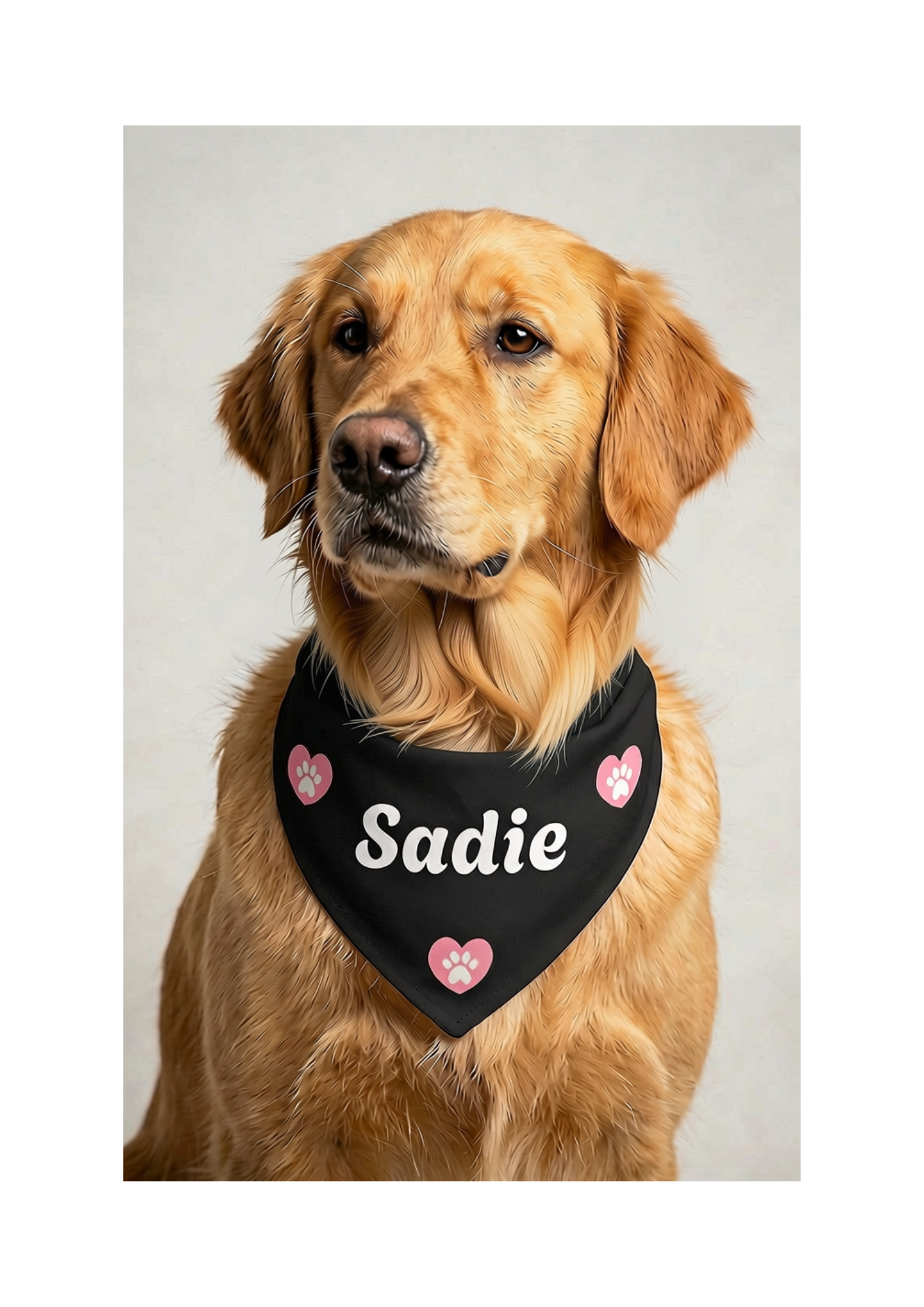 Personalized Clip-On Pet Bandana — Black with Pink Paw Hearts (Name placeholder: Sadie)